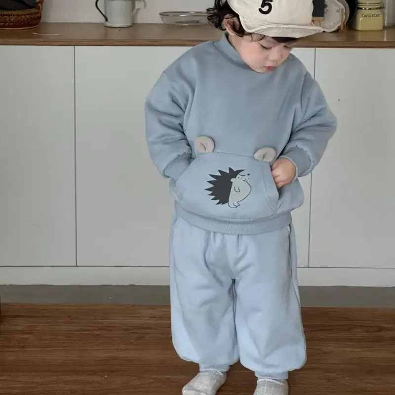 2025 Winter New Children Warm Fleece Clothes Baby Thick Cartoon Sweatshirt + Pants 2pcs Suit Boy Girl Toddler Outfits