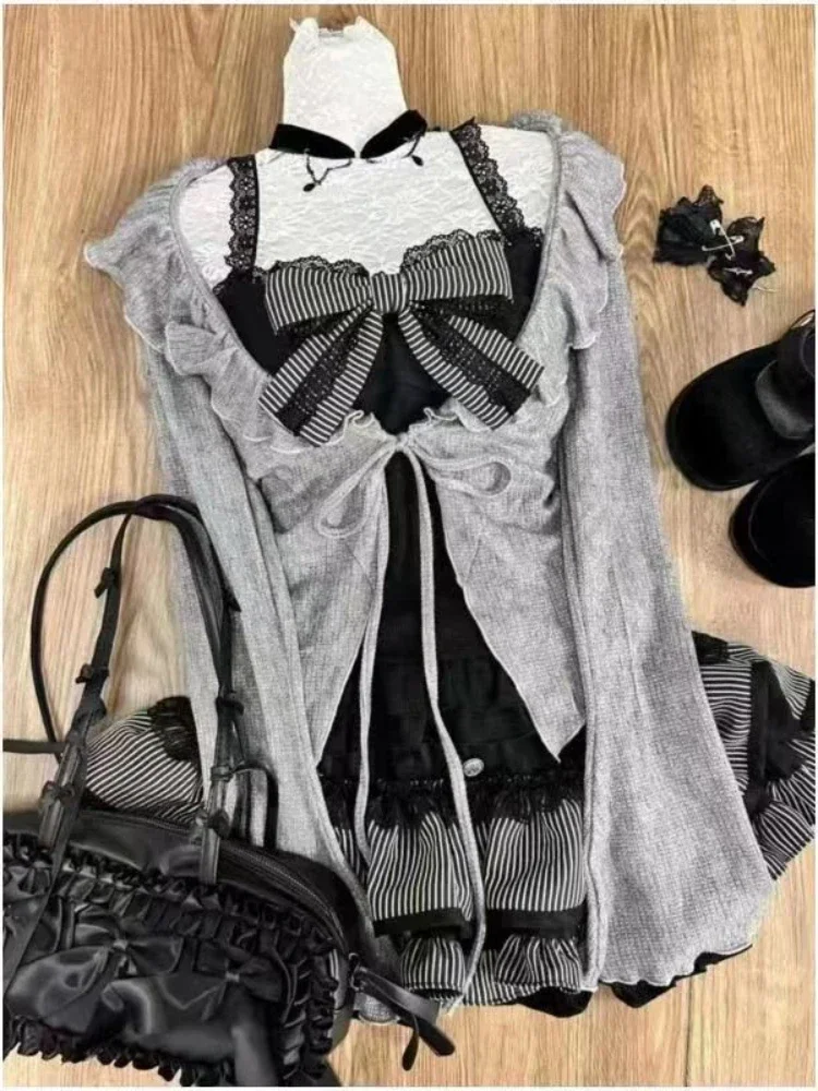 Autumn Winter Women Sweet Lolita Lace Up Ruffles Cardigan Sexy Slim Fit Strapless Vest Fashion Ruched Skirts Three Piece SetsY2k