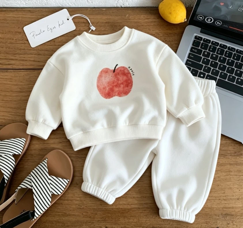 Baby Autumn Casual Sweatshirt Tracksuit Child Apple Banana Fruit Printed Crew Neck Top And Long Pants Kid Popular Clothing Suits