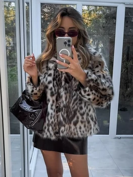 Image Fashion Leopard Print Faux Fur Coat For Women luxury Turn-down Collar Long Sleeve Chic Jacket Female 2024 Autumn Winter Outwear