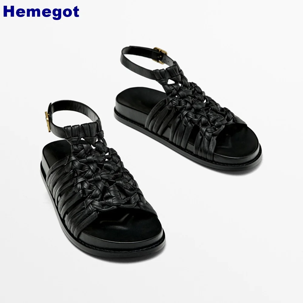 

Genuine Leather Braided Roman Sandals Summer New Hollow Open Toe Thick Sole Buckle Black Beach Vacation Fashion Ladies Sandals