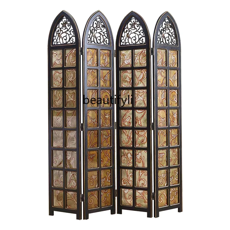 European screen porch partition living room folding screen American retro hollow bedroom engraved stained glass screen