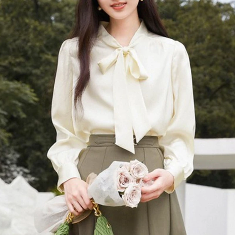 

2024 Spring and Autumn New Fashion Chiffon Shirt Women's Solid Color Long Sleeved French Top Commuter Bow Ribbon V-neck Shirt