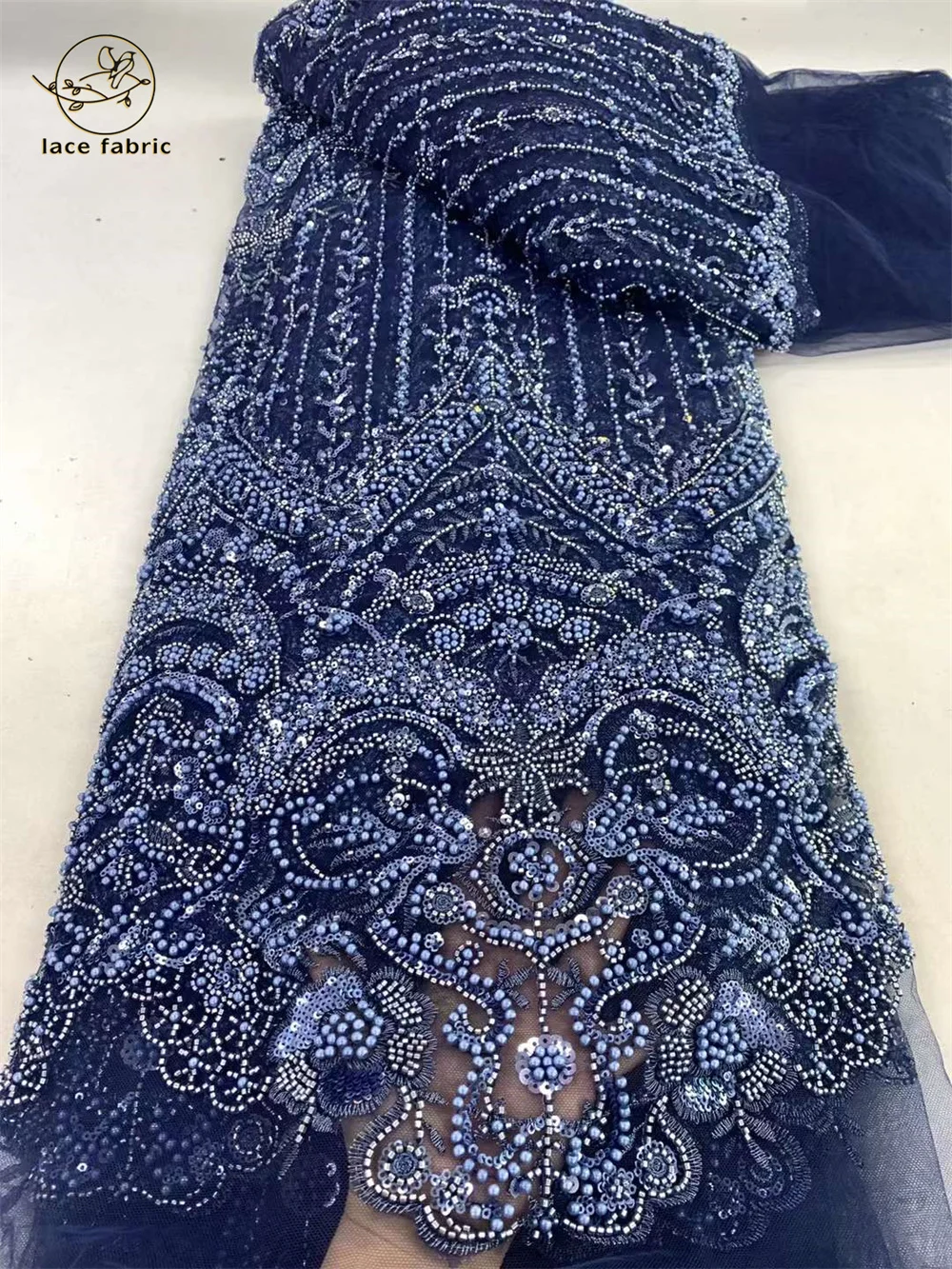 High -End Luxury French Mesh Beaded Lace Fabric 2024 High Quality African Sequins Groom Lace Fabrics For Nigerian Wedding Dress