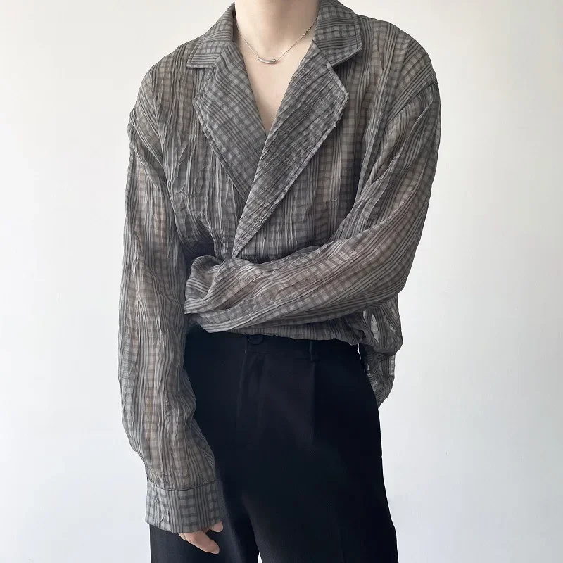 Mens Trendy Personality Pleated Lapel Shirt Spring and Summer New Solid Color Translucent Jacket Thin Section Abstinence Top Men