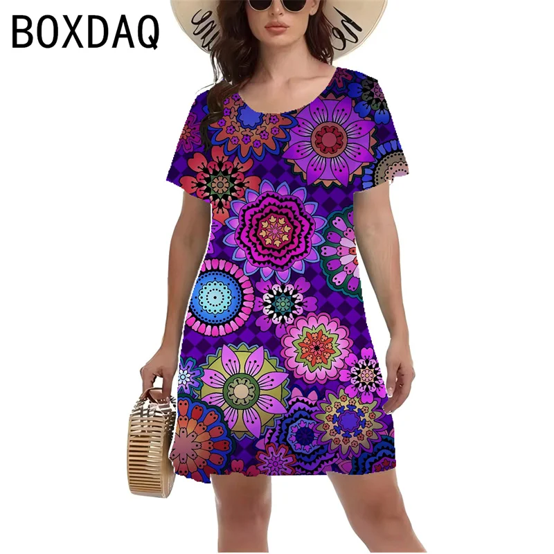 Vintage 3D Elements Cashew Pattern Dress Women Short Sleeve O-Neck Casual Mini Dress Big Size 3XL Kobieca sukienka A-Line Vestidos