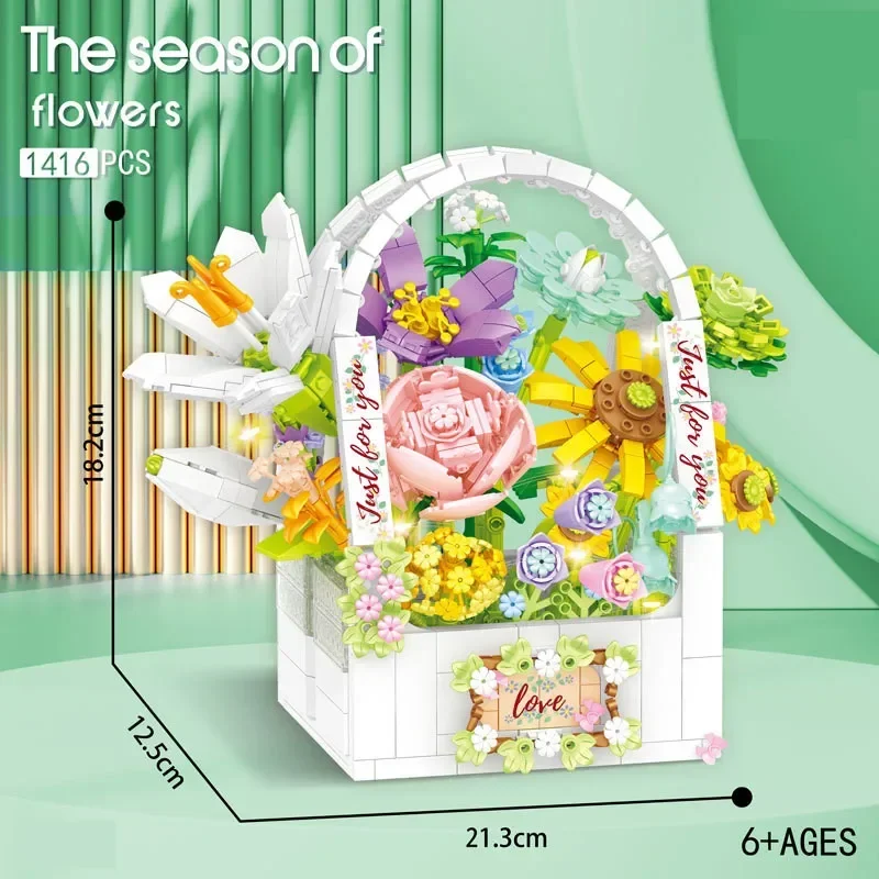 Summer Sunshine Flower Basket Building Blocks Bouquet Bricks Toys Home Decoration Children Holiday Gift