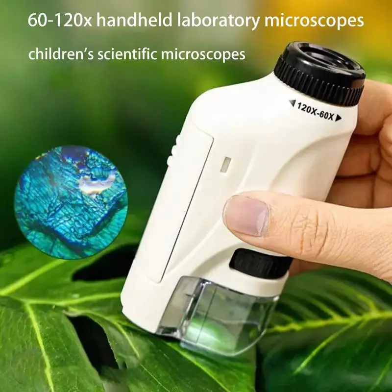 Kids Handheld Microscope 60-120x Magnification LED Light Battery Powered Science Educational Tool