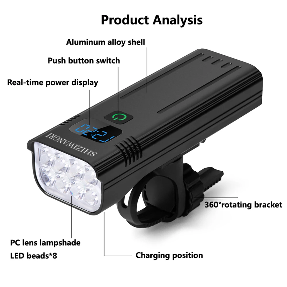 

8*LED 10000mAh Bike Bicycle Light Mountain Cycle Front Highlight Power Display USB Rechargeable Headlight Lamp Flashlight