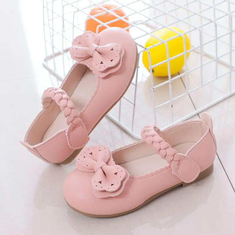 2-10Years Old Kids Leather Shoes Comfortable Soft-soled Bows Little Girls Princess Shoes Pink Beige Casual Children Single Shoes