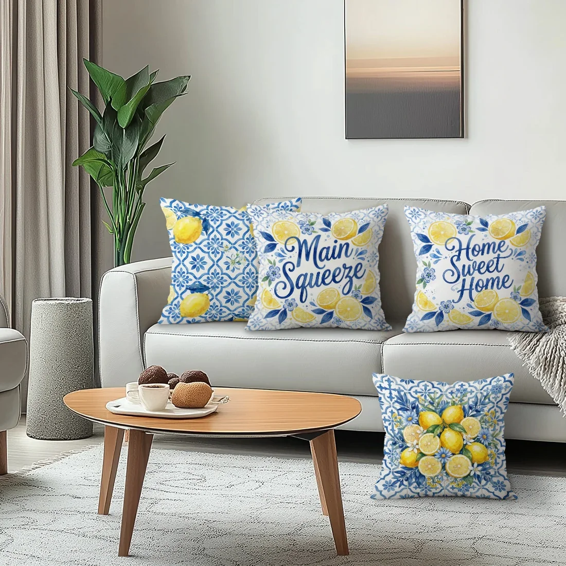 4pcs/set Summer Lemon Flowers Cushions Pillowcase Polyester Cushion Cover Throw Pillow Pillowcover Home Car Sofa Decor