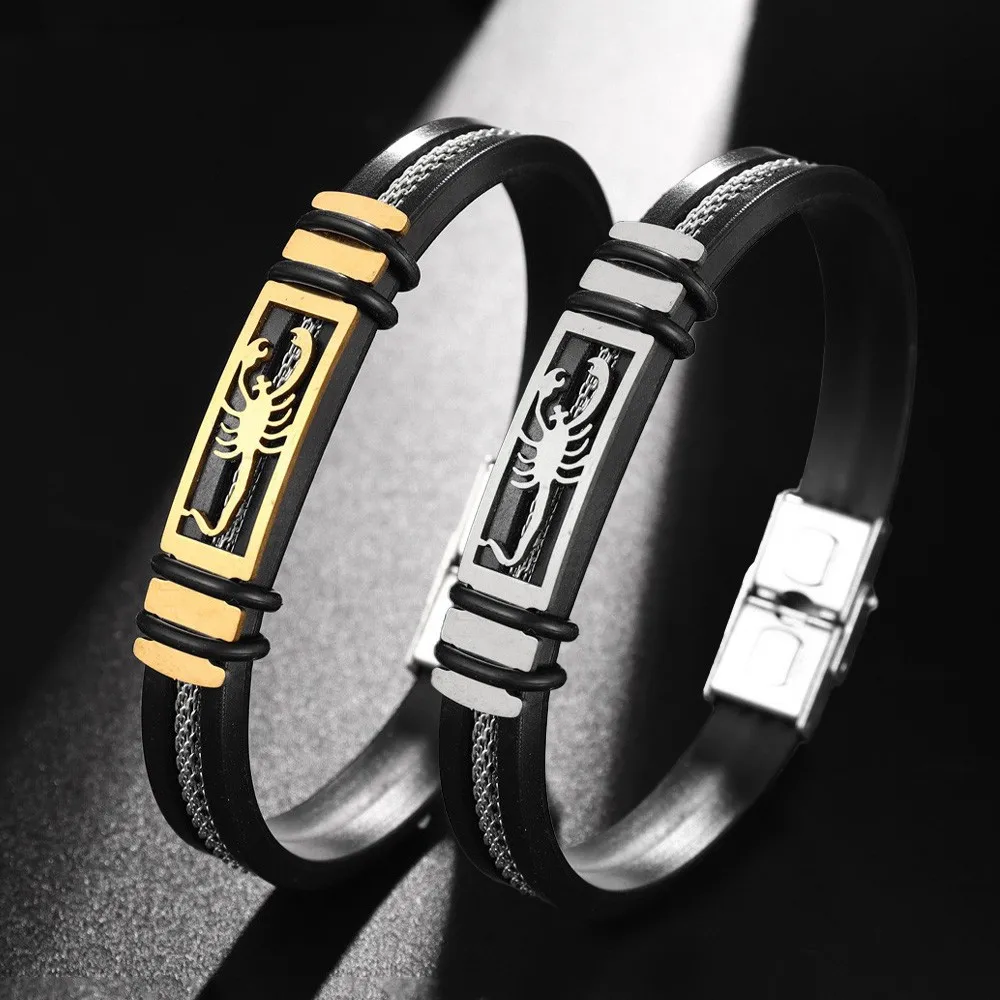 New Style Fashion Bracelet Charm Men's Wristband Black Grooved Silicone Braided Chain Punk Men's Popular Wristband Wholesale