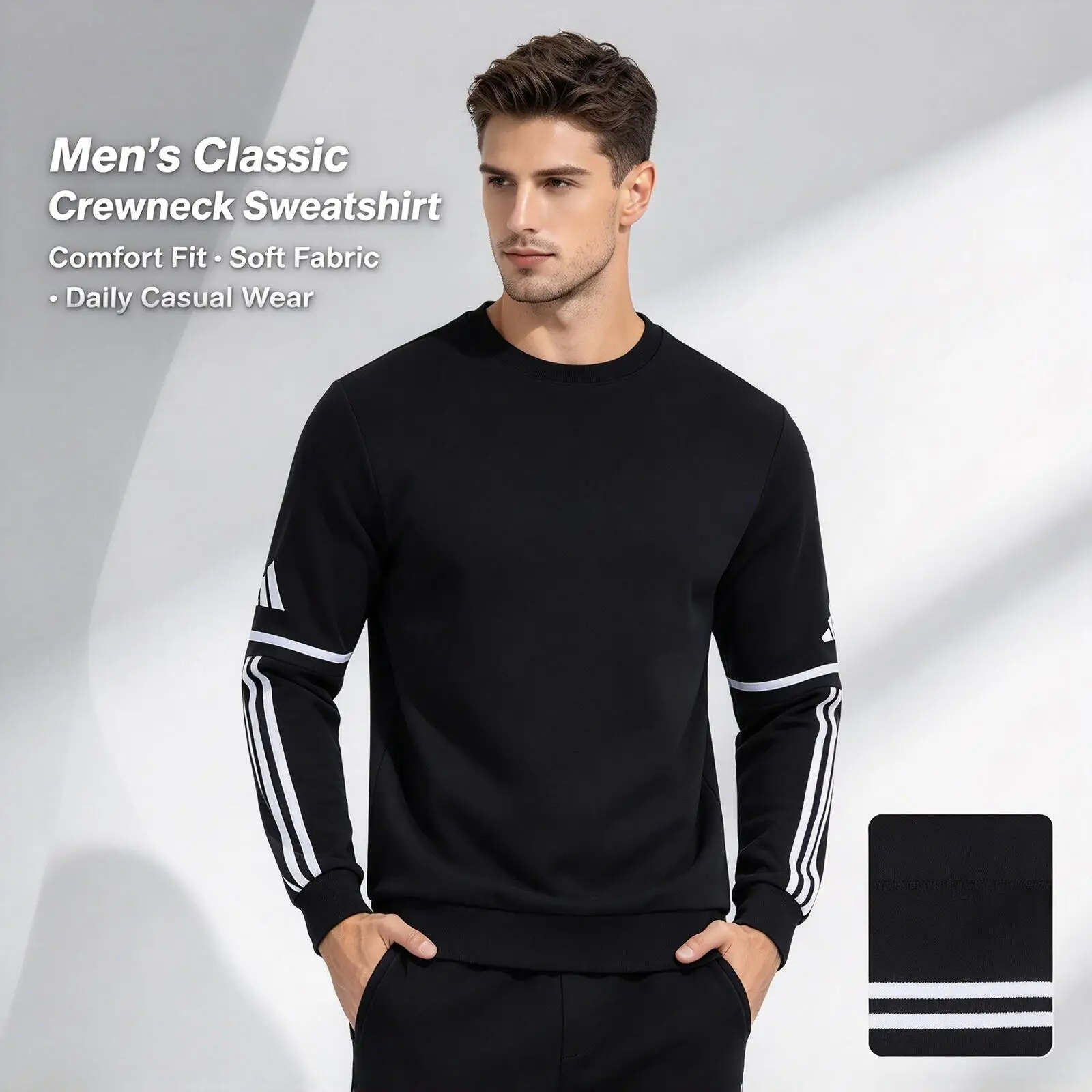 Adidas SQ25 SW CREW JM3546 Mens Fleece Lined Crew Neck Sweatshirt Black 3 Stripes Casual Pullover Top