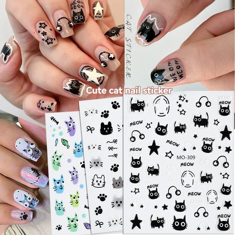 

3D Cartoon Cute Cat Nail Stickers Graffiti Sliders Silver Chrome Headphones Nail Art DIY Manicure Decoration