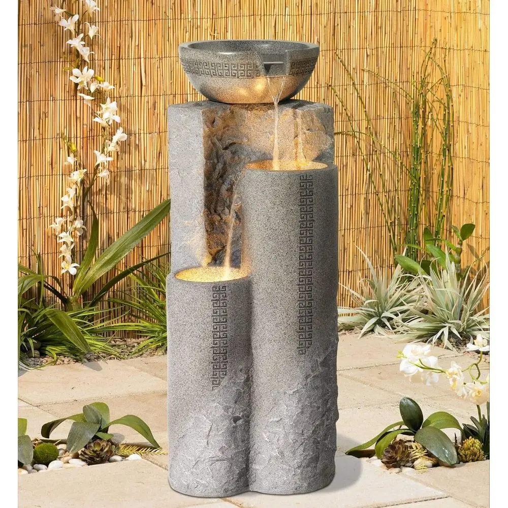 

Bowl and Pillar 34 1/2" High Large ern Zen Outdoor Decor aux Stone loor ountain with Light LED Standing Waterall Tiered Water ea