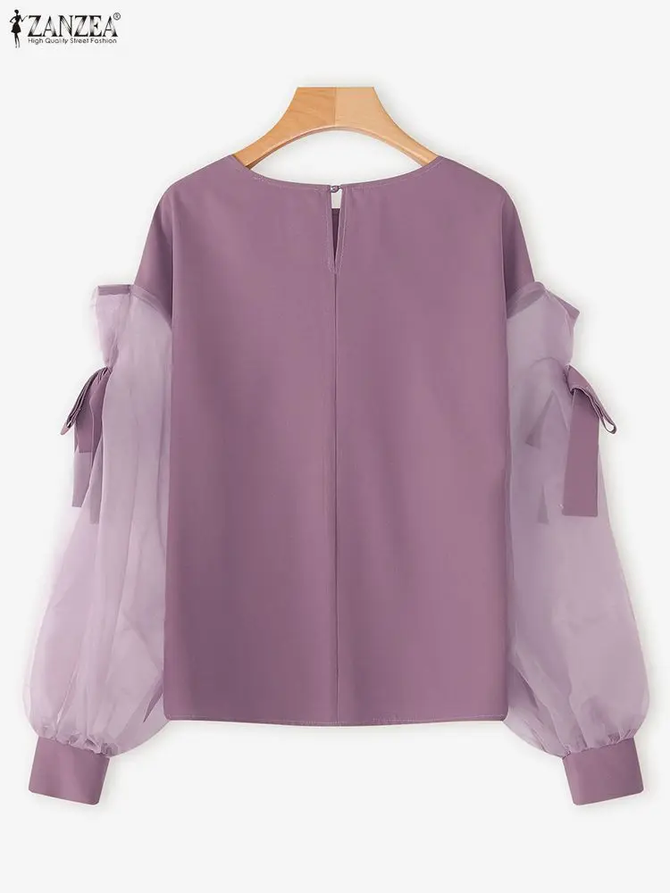 ZANZEA elegante blusa con lazo para mujer 2025 otoño moda malla Patchwork manga larga linterna Casual Tops camisas señoras coreanas Blusas