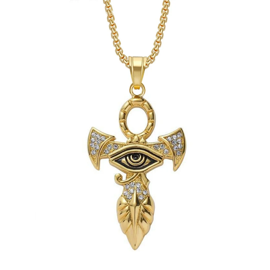 

Egyptian Iced Out Evil Eye Ankh Cross Pendant Gold Color Stainless Steel Zirconia Necklace for Woman Man Ancient Egypt Jewelry