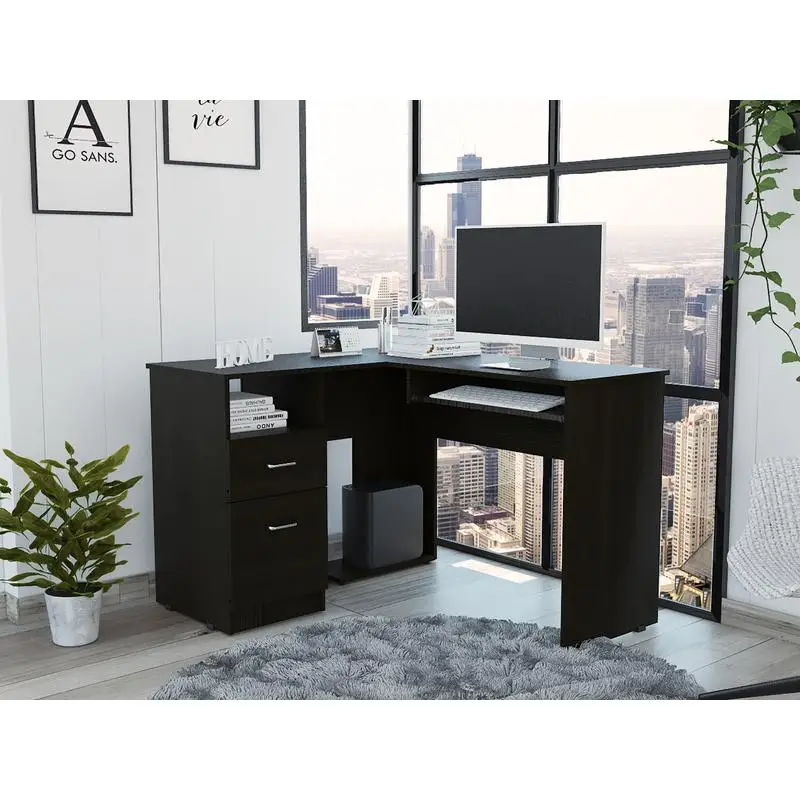 

L-Shaped Desk with Keyboard Tray, 2 Drawers & Open Shelf - Black Finish