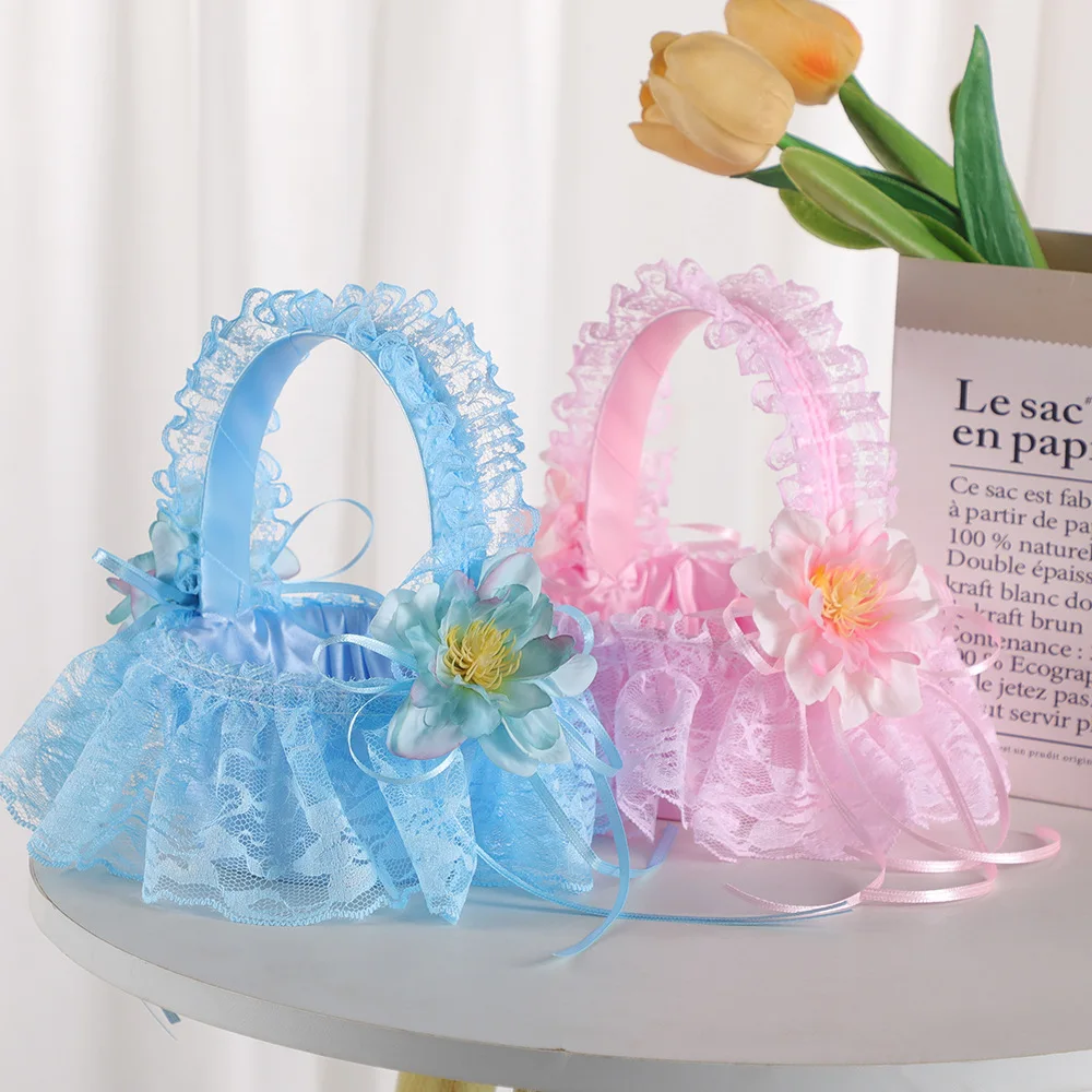Wedding Flower Basket Bridesmaid Lace White Flower Girl Basket Vintage Rustic Wedding Ceremony Bridal Shower Table Decor
