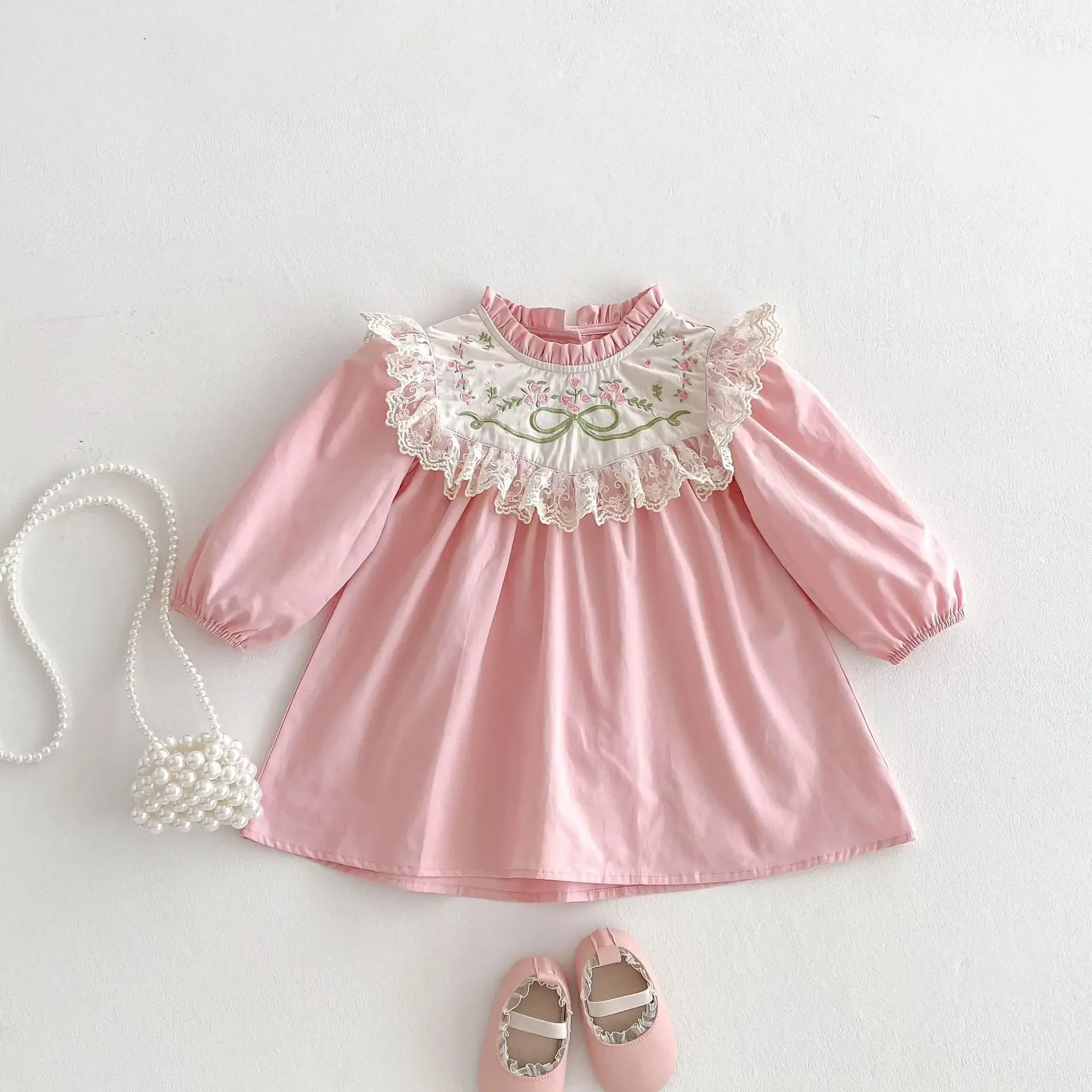 

MILANCEL Girls' Spring Dress 2025 New Style Children's Ruffled Collar Flower Embroidered Sweet Princess Dress Kid's Clothing