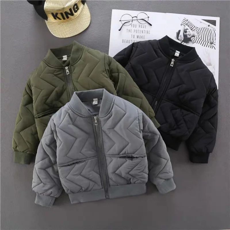 Children Solid Color Mid-length Quilted Jackets Winter Boys and Girls Loose Thicken Warm Half High Collar Cotton-padded Coats