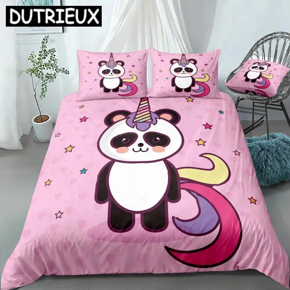 3 Pieces Panda Duvet Cover Set Cartoon Animal Bedding Kids Boys Girls Bed Set White Black Panda Quilt Cover Queen Star Dropship