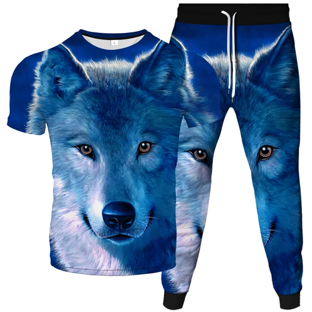 Wolf Animal Harajuku Galaxy Moon Printed Women's Men's T-Shirts Trousers 2pcs Sets Homme Tracksuit Clothing Suit Oversized S-6XL