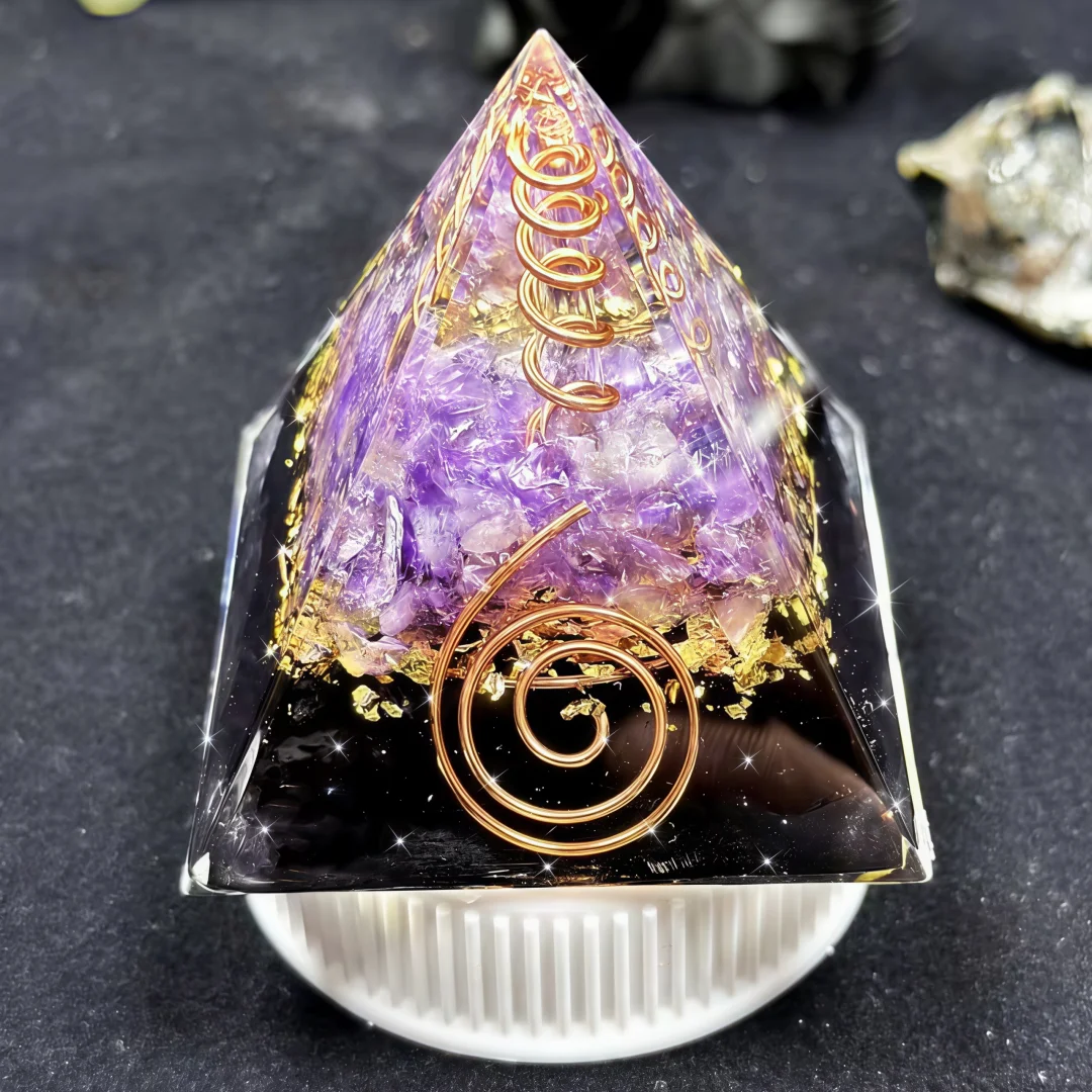 Obsidian Orgone Pyramid, Amethyst, Orgonite Holiday Party Decoration Gift, Home Decoration, Contains Copper Coil Crystal Column