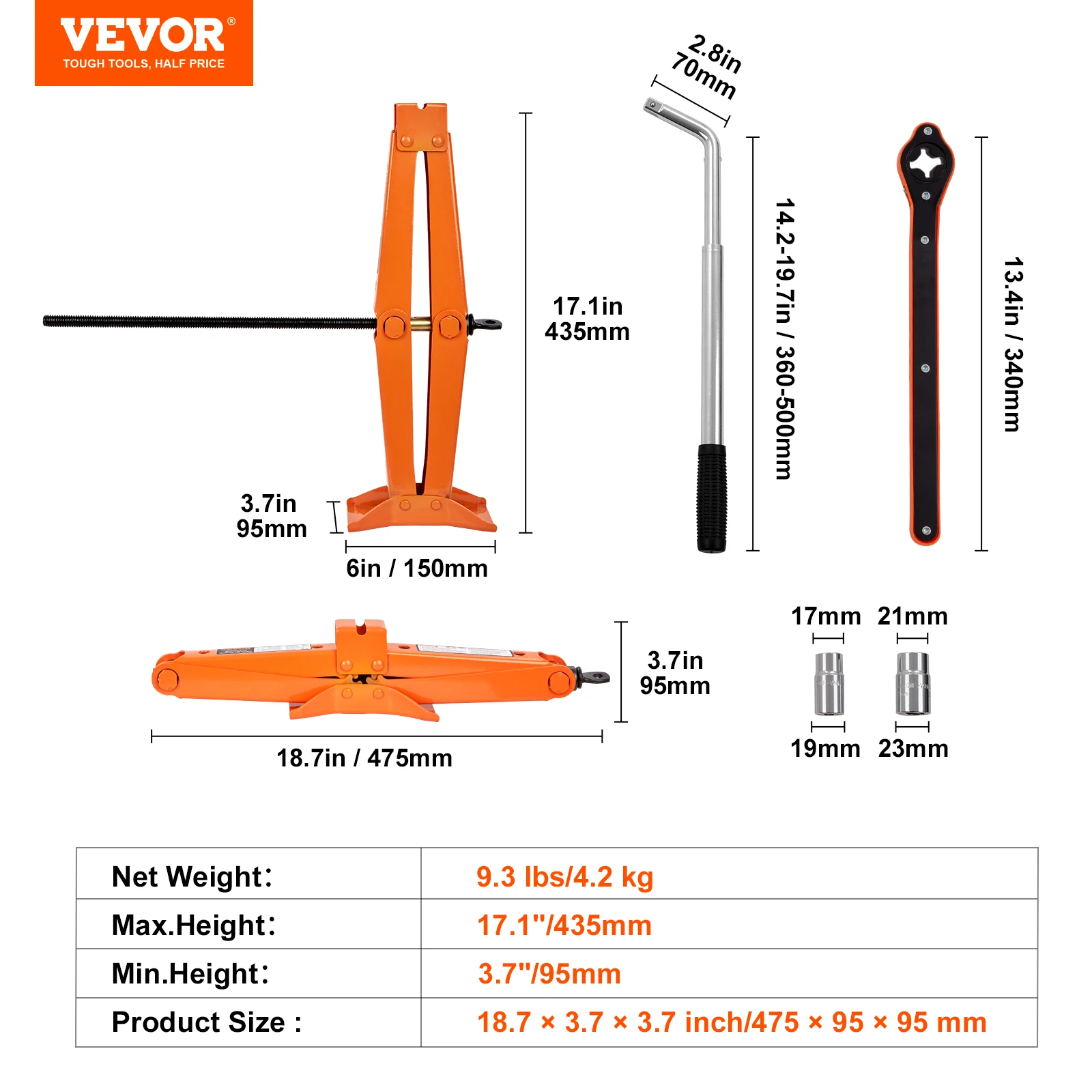 SucceBuy Schaar Jack 2.5 Ton Schaar Auto Jack 3.7 "-17.1" Hefbereik Schaar Lift Jack Draagbare Band Jack voor Auto Vrachtwagen SUV