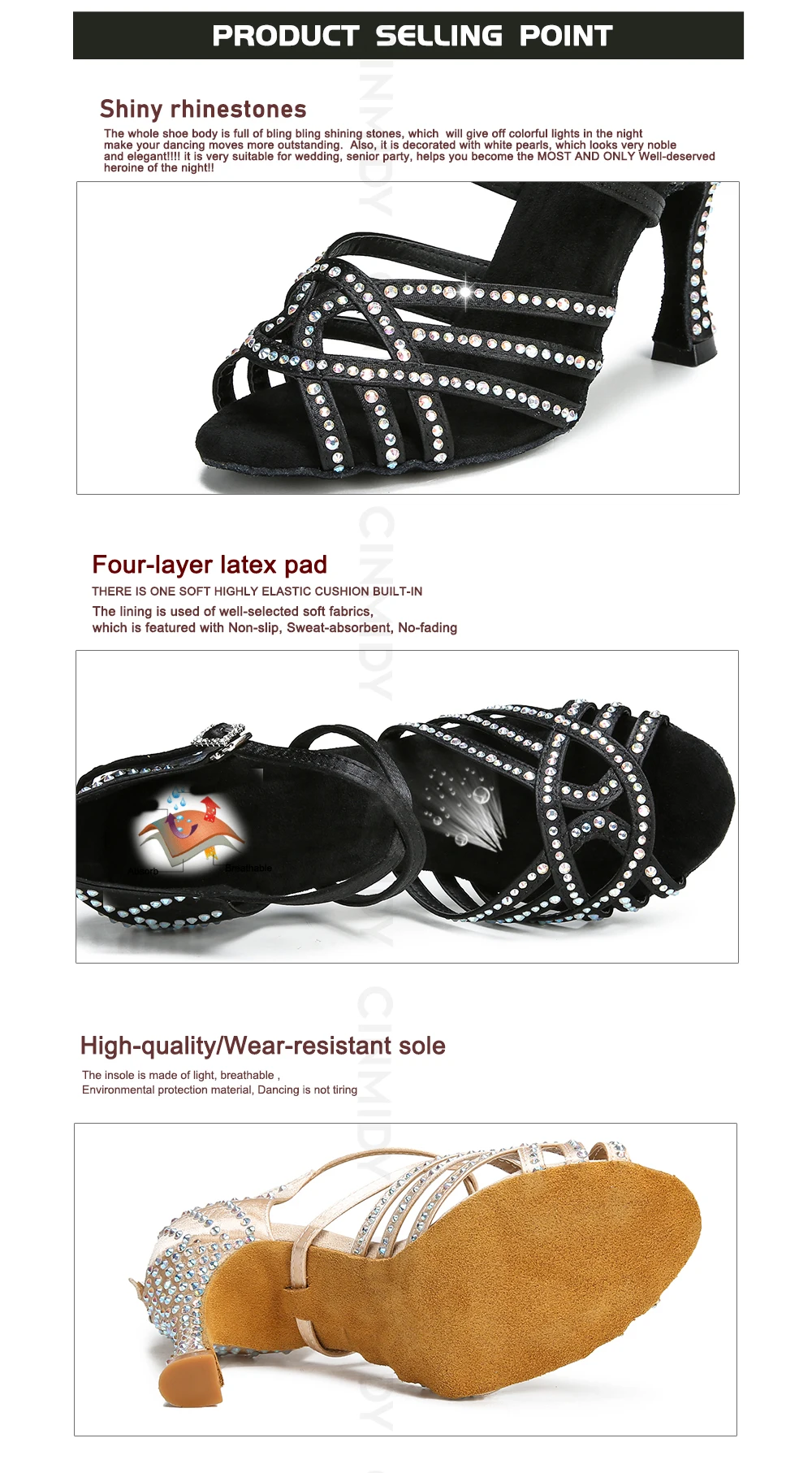 CINMIDY Damen Latein Tanzschuhe mit Strass Tango Ballsaal Tanzschuhe Damen Partyschuhe Hochzeitsschuhe 5CM-10CM – Detail 7
