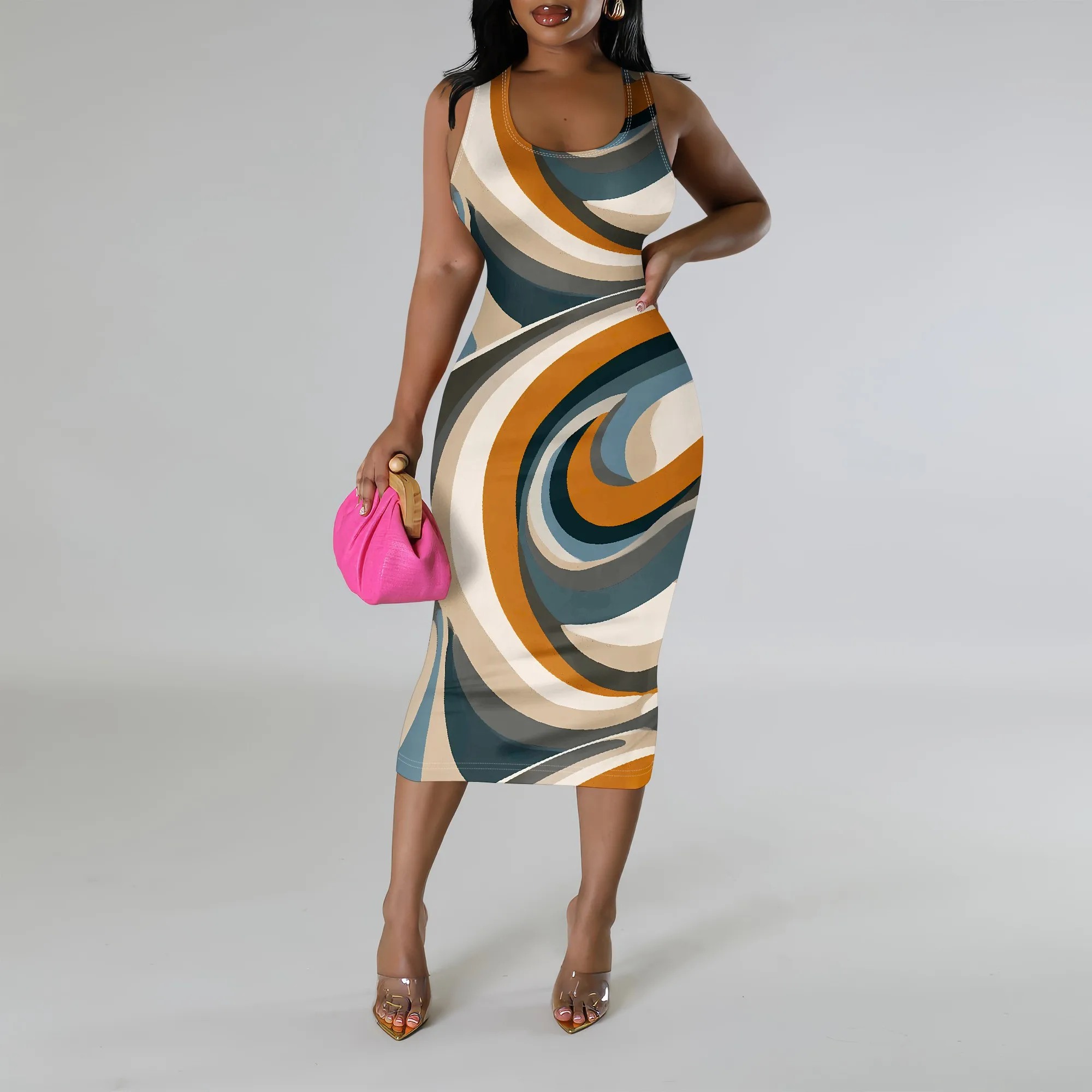 Kleid mit Wirbelmuster, ärmelloses, figurbetontes Midikleid, abstraktes Muster, Sommer-Freizeitkleidung, S-2XL