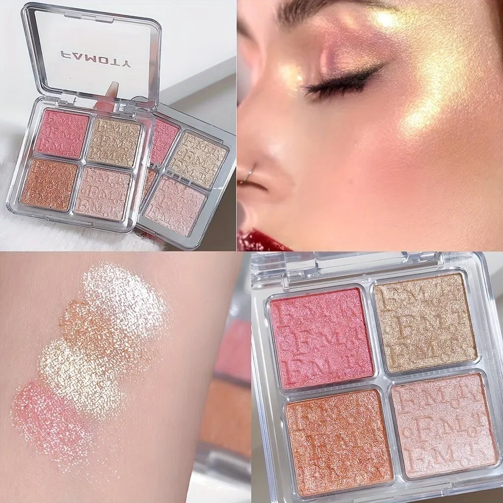 Tavolozza di evidenziatori per il viso a 4 colori Tavolozza di illuminazione Bagliore naturale Impermeabile Glitter Shimmer Trucco evidenziatore in polvere cotto