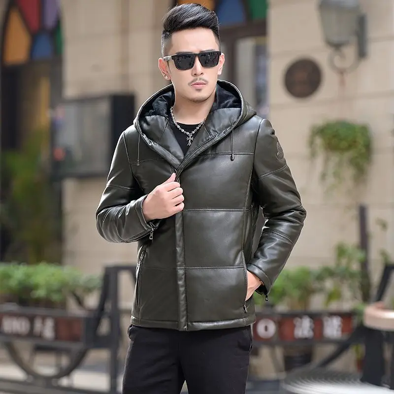 Men\'s Genuine Leather Down Jacket Man Short Sheepskin Coat Thickened Hooded Down Coat Slim Fit  Korean Luxury Puffer Jacket Men