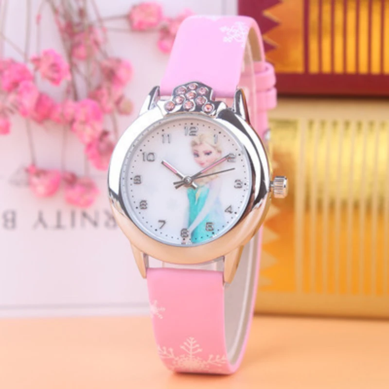 Elsa Princess Watch for Kids, pulseira de couro, relógios de pulso infantis fofos, relógio congelado, presentes para meninas