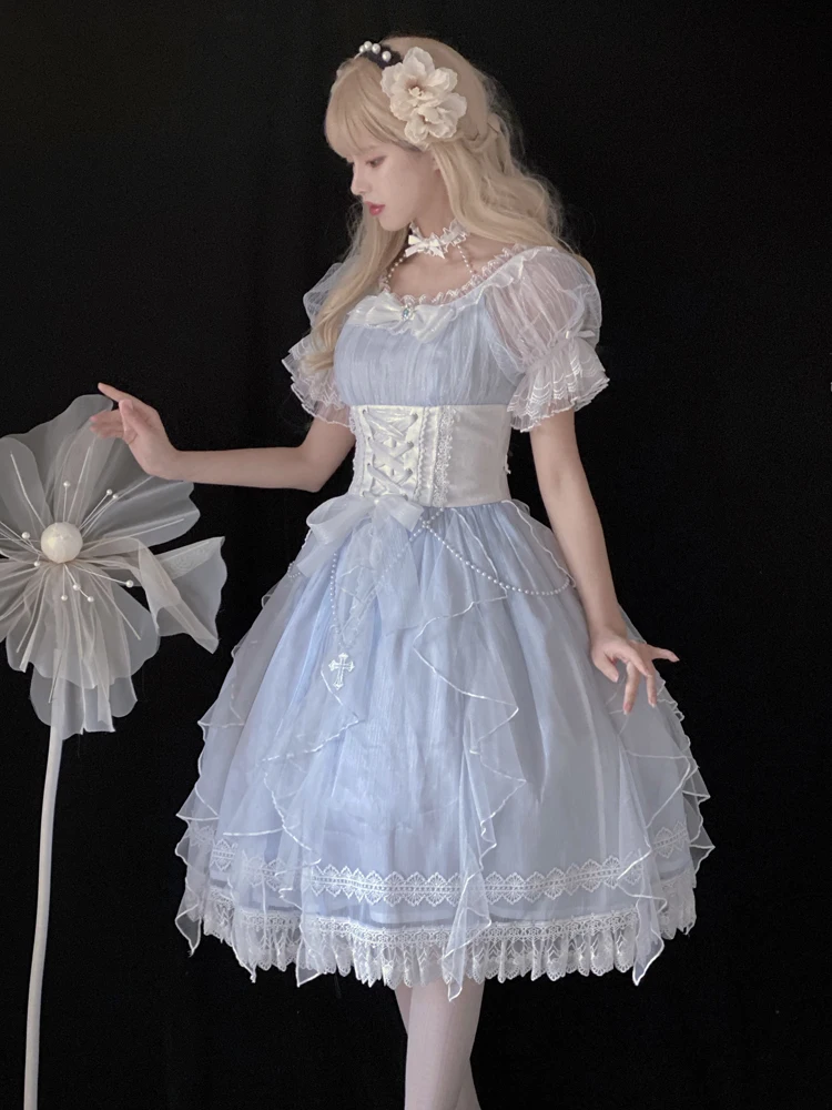 

Sky Blue Mermaid Princess Lace Lolita Op Sweet Flower Married Girl Daily Op Short Sleeve Dress Tea Party