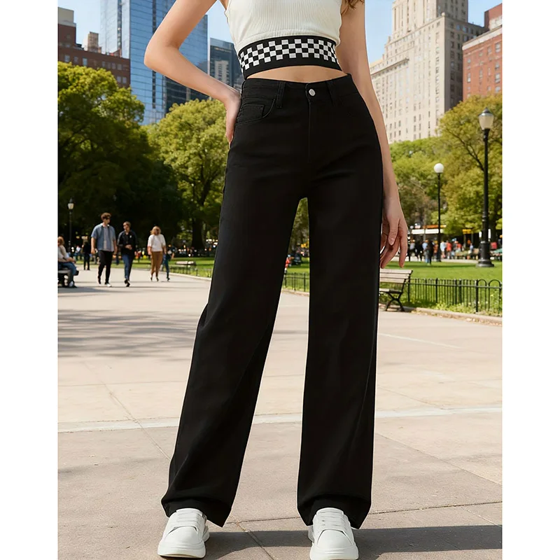 Hot Sale Lady Black High Waist Jeans Girls Classic Korean Straight Leg Denim Trousers Women Fashion Solid Color Leisure Pants
