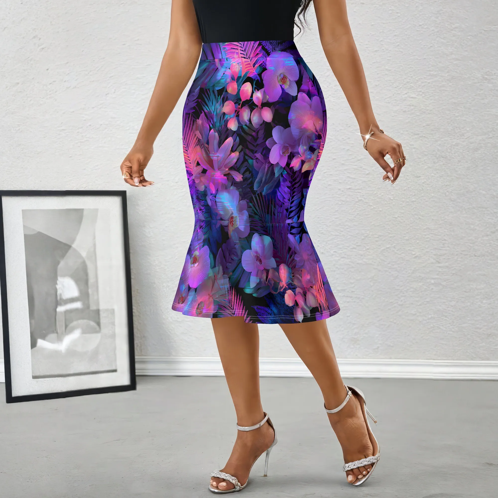 Vibrant Purple Floral Print Midi Skirt Tropical Leaf Pattern Pencil Skirt, Elegant Fish Tail Hemline for Women