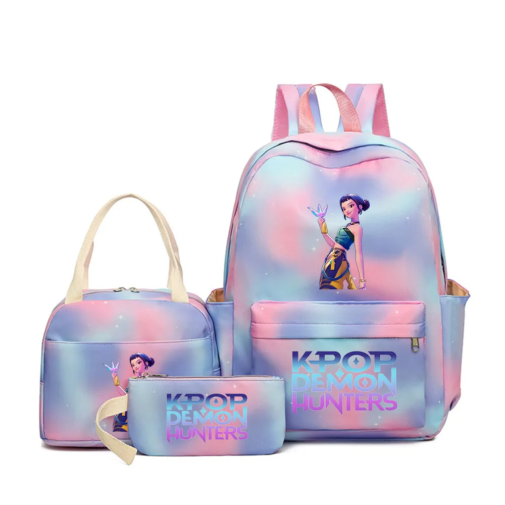 ชุดกระเป๋าเป้สะพายหลัง K-pop Demon Hunters 3 ชิ้น กระเป๋าเป้สะพายหลังความจุขนาดใหญ่ กระเป๋าใส่อาหารกลางวัน กระเป๋าใส่ดินสอ แฟชั่นสำหรับเด็ก น้ำหนักเบา กระเป๋านักเรียน