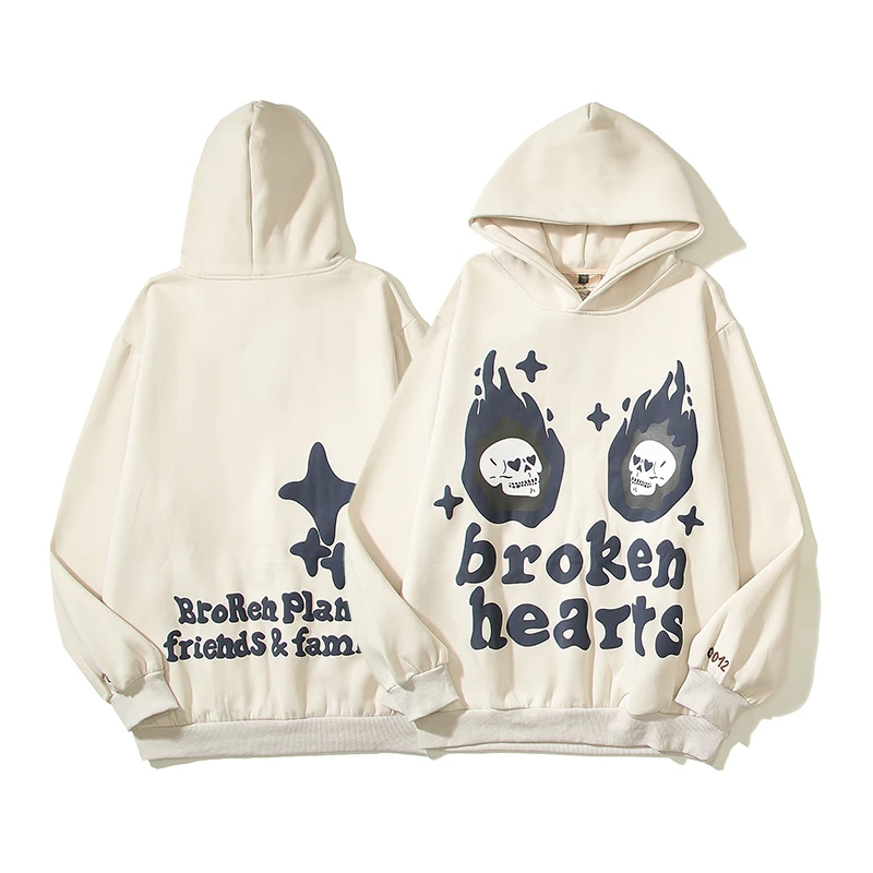 

2023 Winter Apricot Hoodie Men Women Broken Hearts Foam Print Pullover Fleece BPM Oversize Sweatshirt