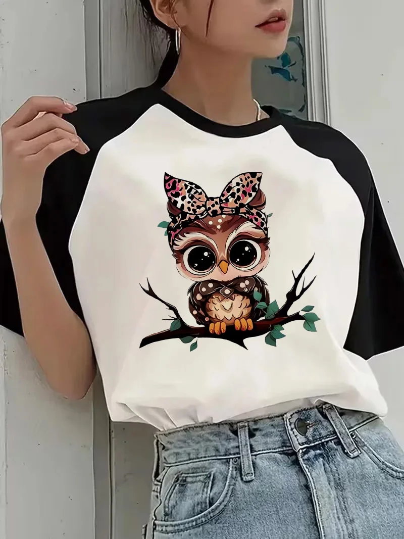 Damen Grafik-T-Shirt mit Cartoon-Eulen-Print, süßes Vintage-T-Shirt, lustiges Kurzarm-T-Shirt, 90er Jahre Koreanischer Stil, Oberteile, Kleidung