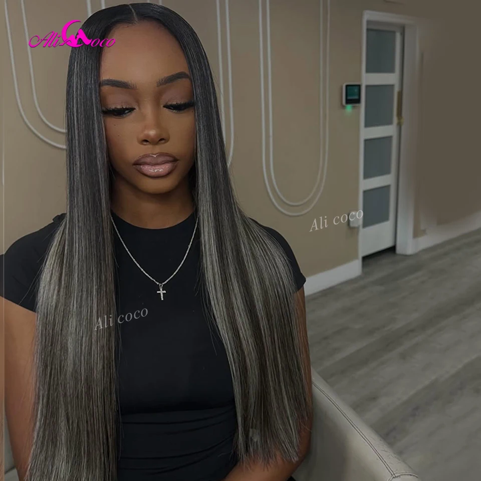 

Brazilian Remy Ash Gray Highlights 180 Density 13X4 13X6 Transparent Lace Front Closure Pre Plucked Real Human Hair Wig Straight