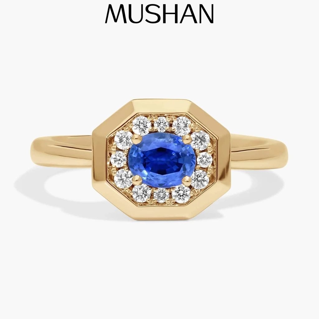 

MUSHAN Custom Jewelry 925 Sterling Silver Ring Lab Blue Sapphire Oval Bridal Statement for Women 18K Gold Plated Classic Rings
