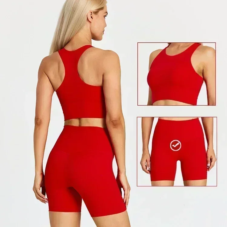 

Lemon Women 2 pcs Sports Set Exercise Biker Short 5" Exercise Running Fitness Back Waist Short Sports Gym Workout Short