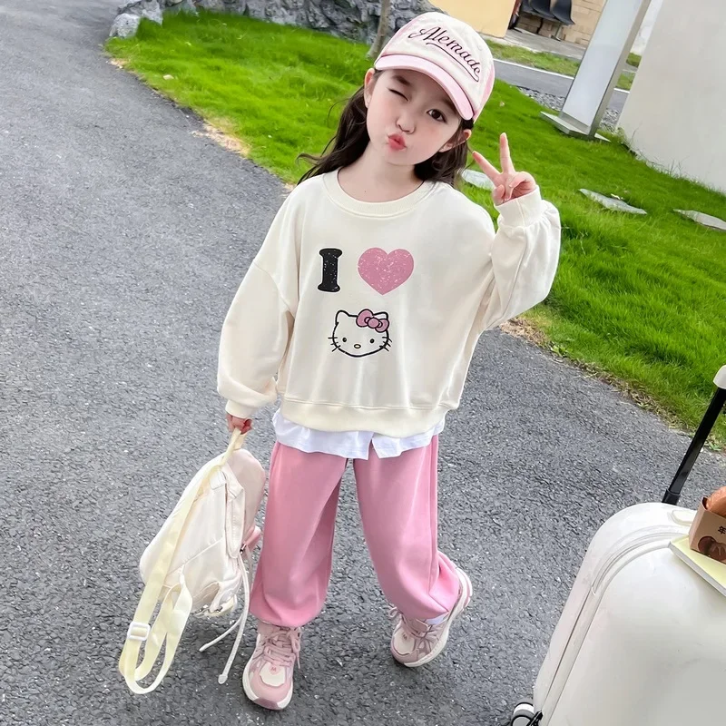 Lovely Hello Kitty Girl Clothes Kawaii Sanrio Anime Autumn Children Fashion Long Sleeve T-Shirt Pants Cartoon Cute Trousers Gift