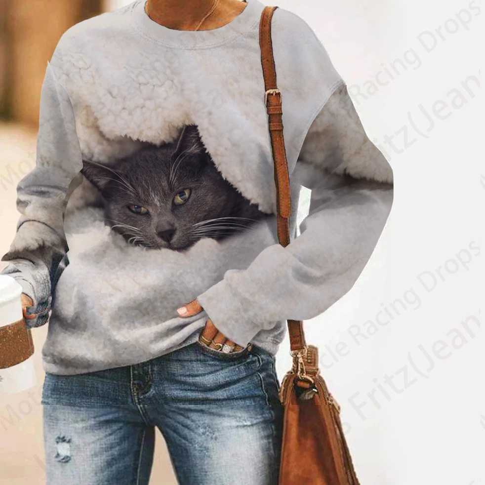 Cute Cat 3d Print Graphic Hoodie Women Fashion O-neck Hoodies Women Sweats Warm Coat Girl Clothes O-neck Loose Hoody Female Fall