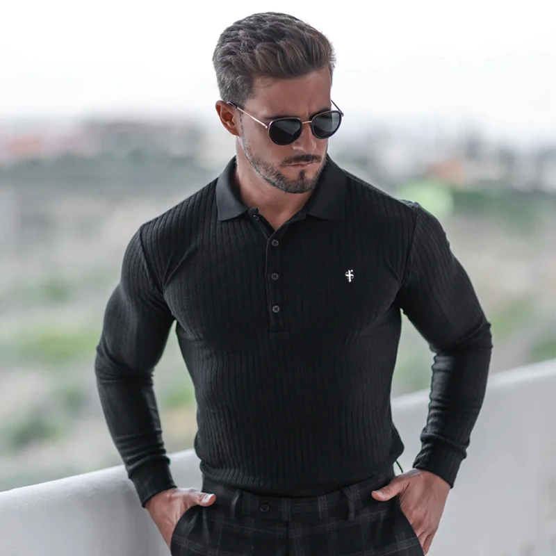 FATHER SONS Men's Long Sleeved T-Shirt Gym Sports Fitness Quick Dry Breathable Elastic Turn Down Collar Bottoming Shirt Top