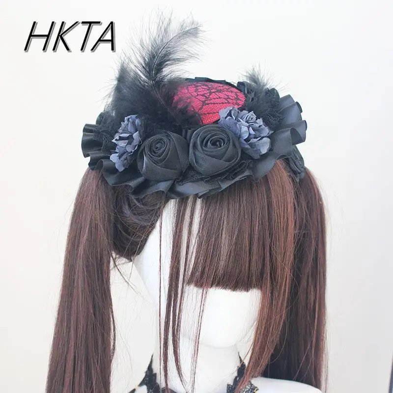 ฤดูใบไม้ผลิและฤดูร้อน Lolita ฮาโลวีน Headwear Feather ดอกไม้ลูกไม้ผู้หญิงอุปกรณ์เสริมผม Burgundy หมวกสาว Headpieces หมวก