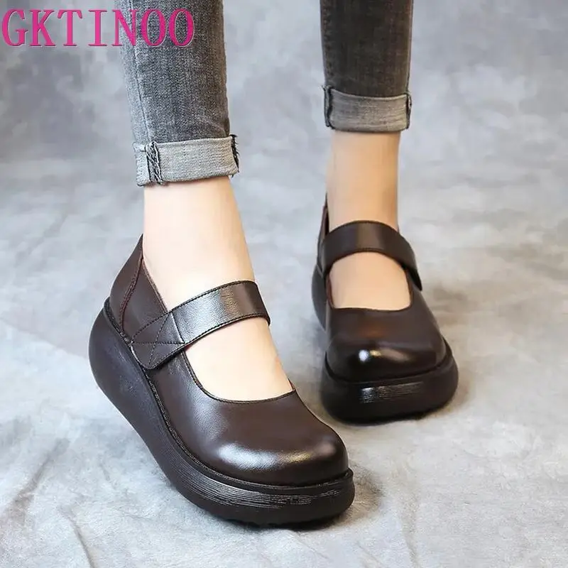 GKTINOO Fashion Spring Ladies Shoes 2024 Vintage Handmade Genuine Leather Women Flat Platform Shoes Comfort Platform Shoes Black