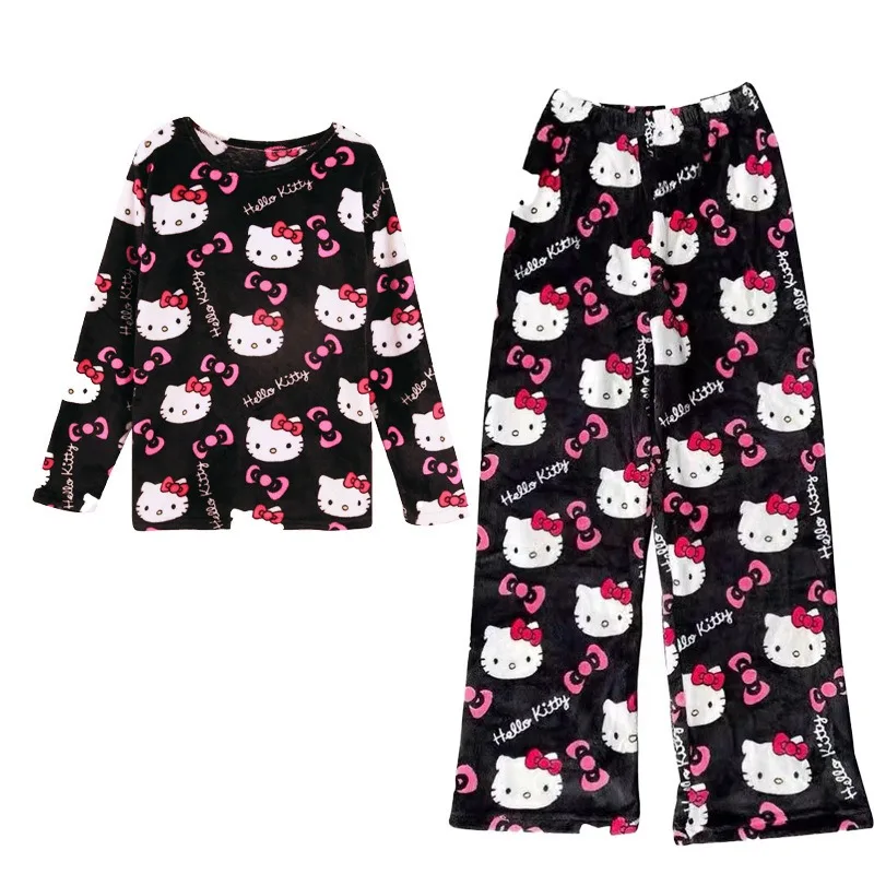 MINISO 2PCS Hello Kitty Anime Y2k Kawaii Flannel Pajamas Women Warm Cartoon Casual Home Pants Autumn Winter Tops Trousers Set