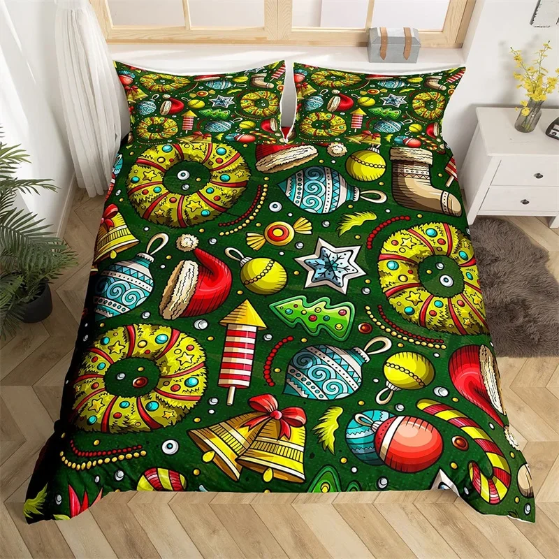 Xmas Bedding Set Microfiber Christmas Garland Duvet Cover Twin 3D Christmas Hat Bell Balls Comforter Cover For Girls Teens Gift